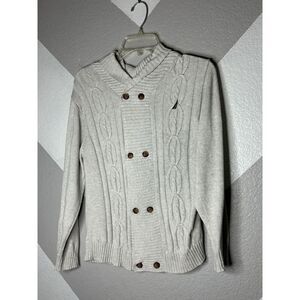 Nautica Boys 10/12 Medium Shawl Knit Sweater Long Sleeve Beige Button Down